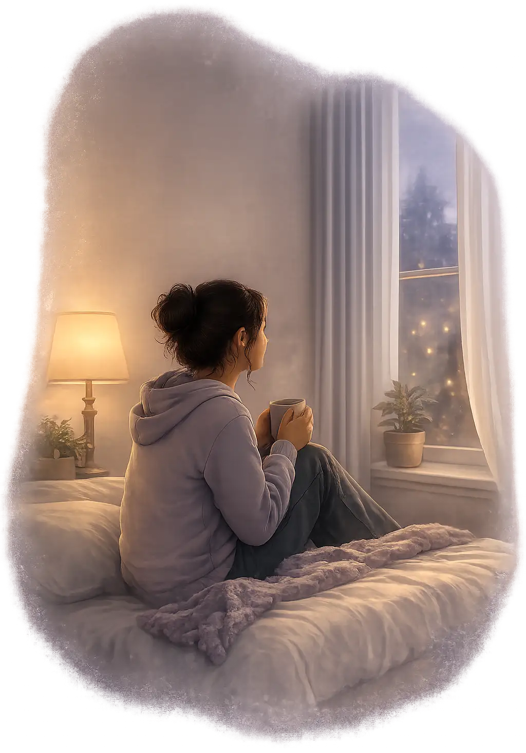 Illustration of a woman finding safety and hope in a confidential emergency safehouse for survivors of domestic violence, sexual assault, and family abuse at Hilltop's Latimer House.