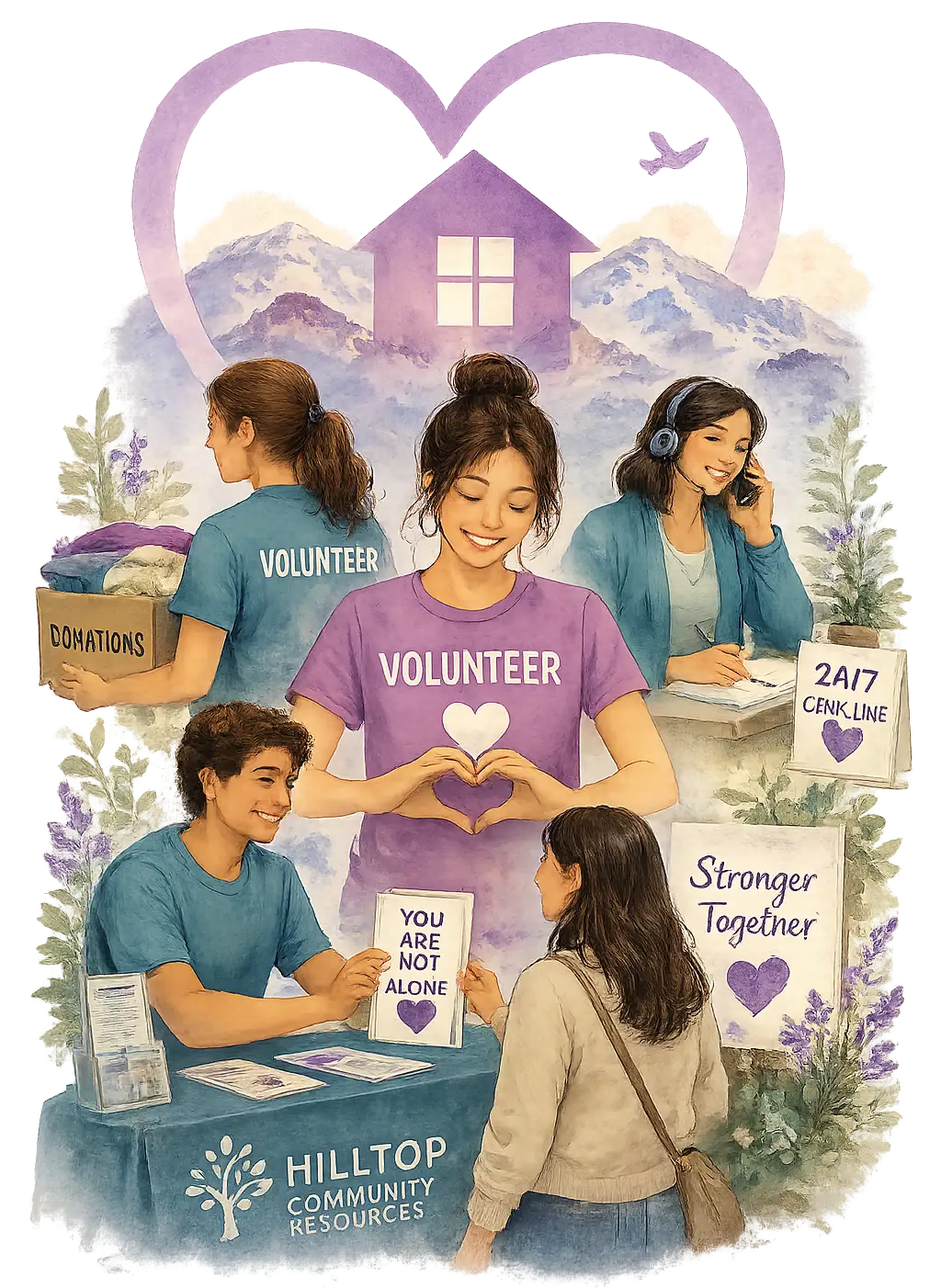 Illustration of Latimer House volunteers providing community outreach, crisis support, and donation assistance for survivors in western Colorado.